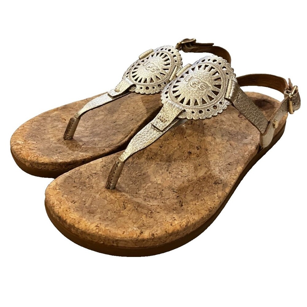 UGG Australia Ayden II Metallic Gold Cork T-Strap Sandal Women's size 8